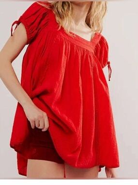 FREE PEOPLE summer camp tunic in fiery red Small 100% cotton
